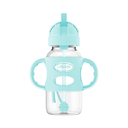 Dr. Brown's Milestones Wide-Neck Sippy Straw Bottle with 100% Silicone Handles and Weighted Straw, 9 oz/270 mL, Gray & Pink, 6m+, 2 Count (Pack of 1)