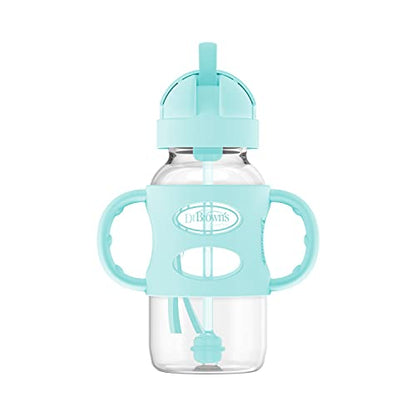Dr. Brown's Milestones Wide-Neck Sippy Straw Bottle with 100% Silicone Handles and Weighted Straw, 9 oz/270 mL, Gray & Pink, 6m+, 2 Count (Pack of 1)
