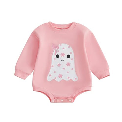 Newborn Boy Girl Halloween Outfit Flower Ghost Print Bodysuit Bow Sweatshirt Romper Halloween Clothes