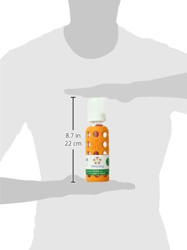 Lifefactory 9-Ounce BPA-Free Glass Baby Bottle with Protective Silicone Sleeve and Stage 2 Nipple, Papaya