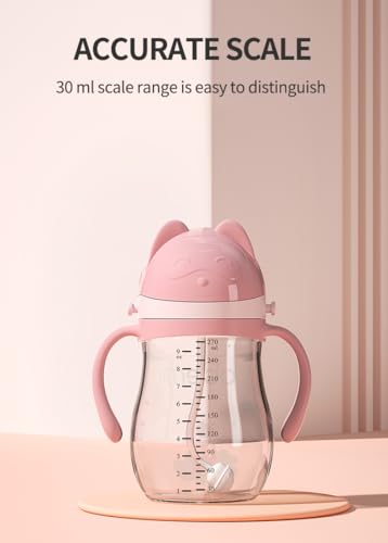Leakproof Sippy Cups, Double Sealing No Spill Water Bottle with Weighted Straw and Non-Slip Handle for Toddler 1-3 Years, Tritan Baby Cups 12+ Months, 270ml/9oz (1Pack,Pink)