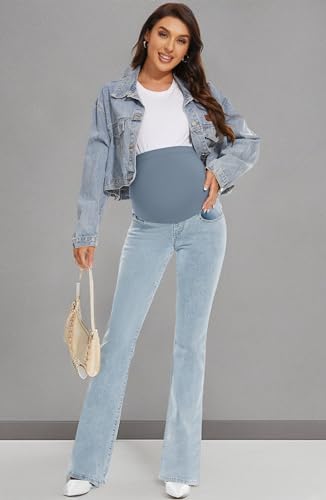 GLAMIX Women's Stretch Maternity Bootcut Jeans with Pockets Over The Belly Bell Bottoms Flare Denim Pants Pregnancy Clothes