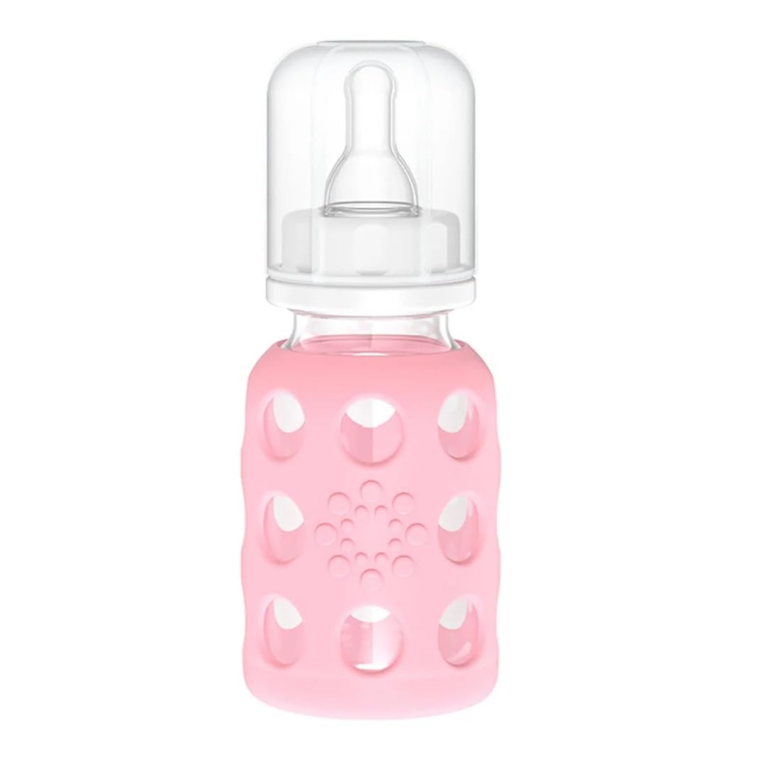 Lifefactory Glass Baby Bottles with Silicone Protection - 2-PACK, 4 Ounce Bottles, Pink & Sky Blue
