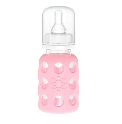 Lifefactory Glass Baby Bottles with Silicone Protection - 2-PACK, 4 Ounce Bottles, Pink & Sky Blue