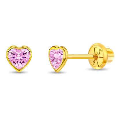 14k Yellow Gold 4mm Bezel Set Heart Cubic Zirconia Screw Back Earrings for Baby Girls, Toddlers and Young Girls - Cute Heart Earring Studs for Children with Locking Screw Backs for Kids