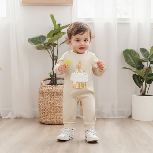 GOOCHEER First Birthday Baby Boy Outfit Fall 1 Cake Embroidery Ruffle Long Sleeve Romper Jumpsuit Cake Smash Clothes