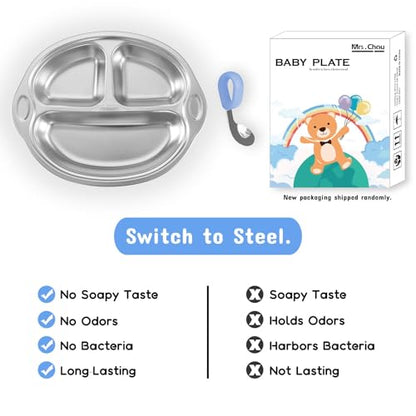 Mrs. Chou® Stainless Steel Baby Suction Plates Divided Designed for Babies and Toddlers, Made of 100% Food-Grade Materials Ideal for Baby-Led Weaning BPA-Free Toddler Feeding Supplies Dishwasher Safe