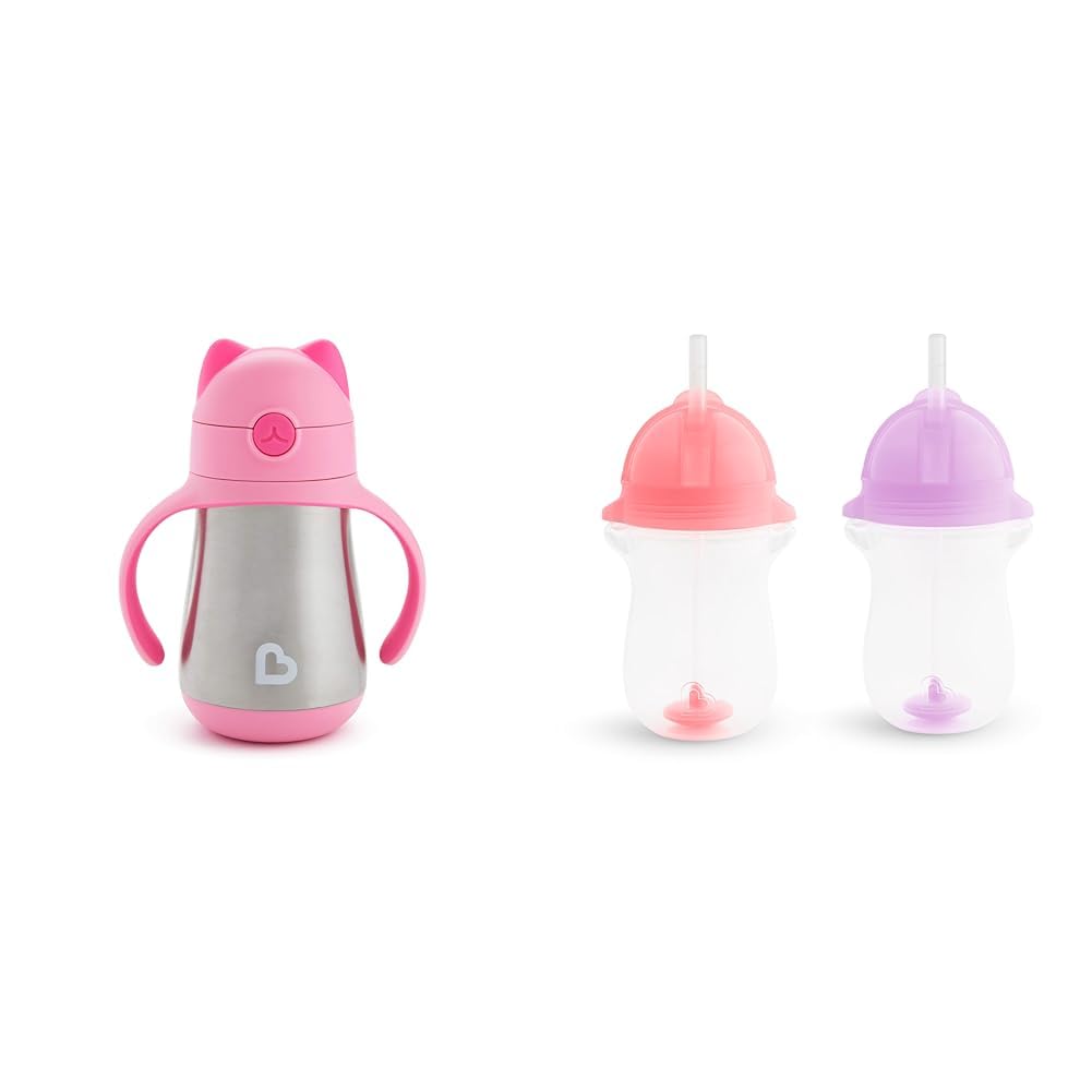 Munchkin Cool Cat Sippy Cup for Toddlers, Stainless Steel Straw Cup, 8 Ounce, Pink