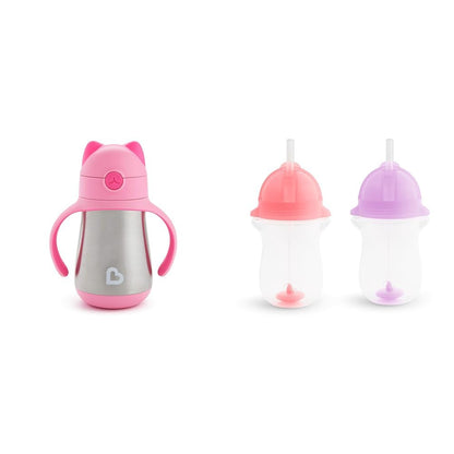 Munchkin Cool Cat Sippy Cup for Toddlers, Stainless Steel Straw Cup, 8 Ounce, Pink