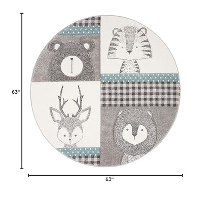 SAFAVIEH Carousel Kids Collection Area Rug - 5'3" Round, Grey & Ivory, Animal Design, Non-Shedding & Easy Care, Ideal for High Traffic Areas for Boys & Girls in Playroom, Nursery, Bedroom (CRK188B)