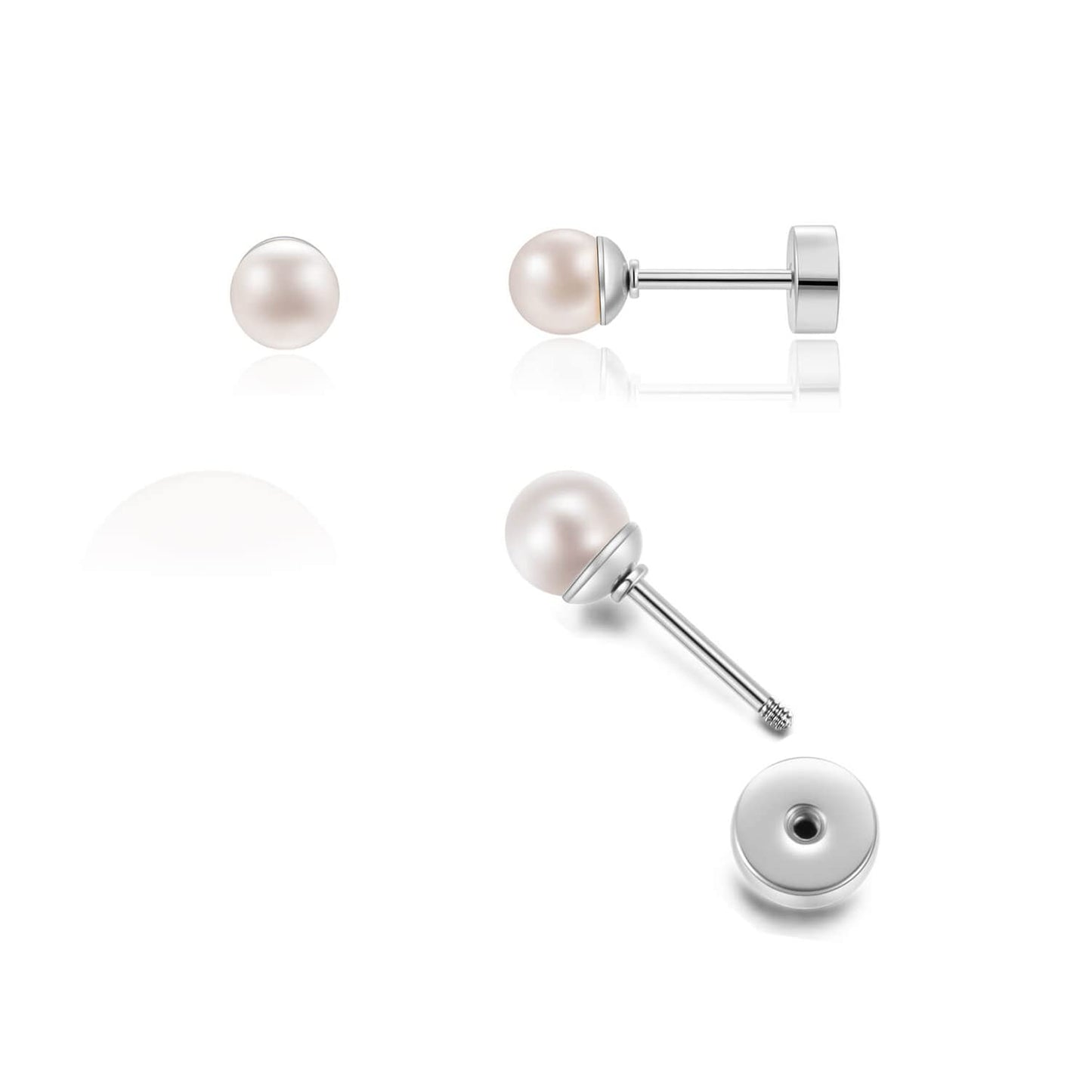 6mm Pearl Stud Earrings Flat Screw Back,14K Gold Pearl Cartilage Helix Earrings Hypoallergenic 316L Surgical Steel Piercing Jewelry Gift for Girls Women Toddlers(6mm Pearl, Gold)