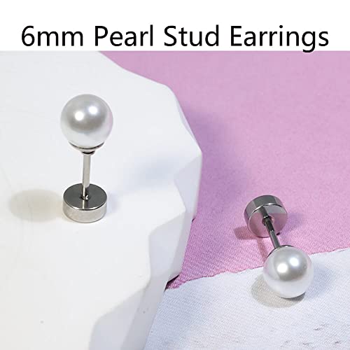 6mm Pearl Stud Earrings Flat Screw Back,14K Gold Pearl Cartilage Helix Earrings Hypoallergenic 316L Surgical Steel Piercing Jewelry Gift for Girls Women Toddlers(6mm Pearl, Gold)