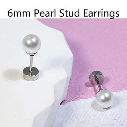 6mm Pearl Stud Earrings Flat Screw Back,14K Gold Pearl Cartilage Helix Earrings Hypoallergenic 316L Surgical Steel Piercing Jewelry Gift for Girls Women Toddlers(6mm Pearl, Gold)