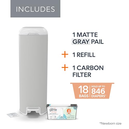 Diaper Genie Platinum Pail Gift Set, Lily White, Made of Durable Stainless Steel and Includes 2 Easy Roll Refills with 18 Bags and 30 Bags