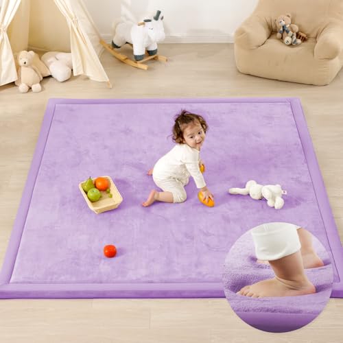 1.3" Thick Baby Play Mat,Ultra Soft Elasti-Foam 50×50 Playpen Mat for Tummy Time,Water-Repellent Coral Fleece Nursery Rug for Infants,Toddlers,Kids,Non-Slip Safe for Crawling(Light Grey)