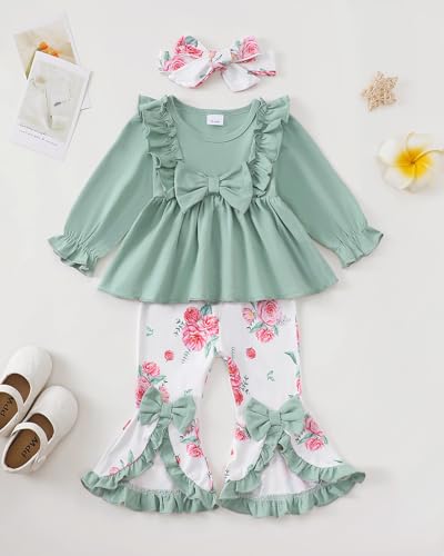 Toddler Baby Girl Clothes Fall/Winter Girls Outfits Ruffle Long Sleeve Tops Floral Flared Pants Girls' Clothing Sets