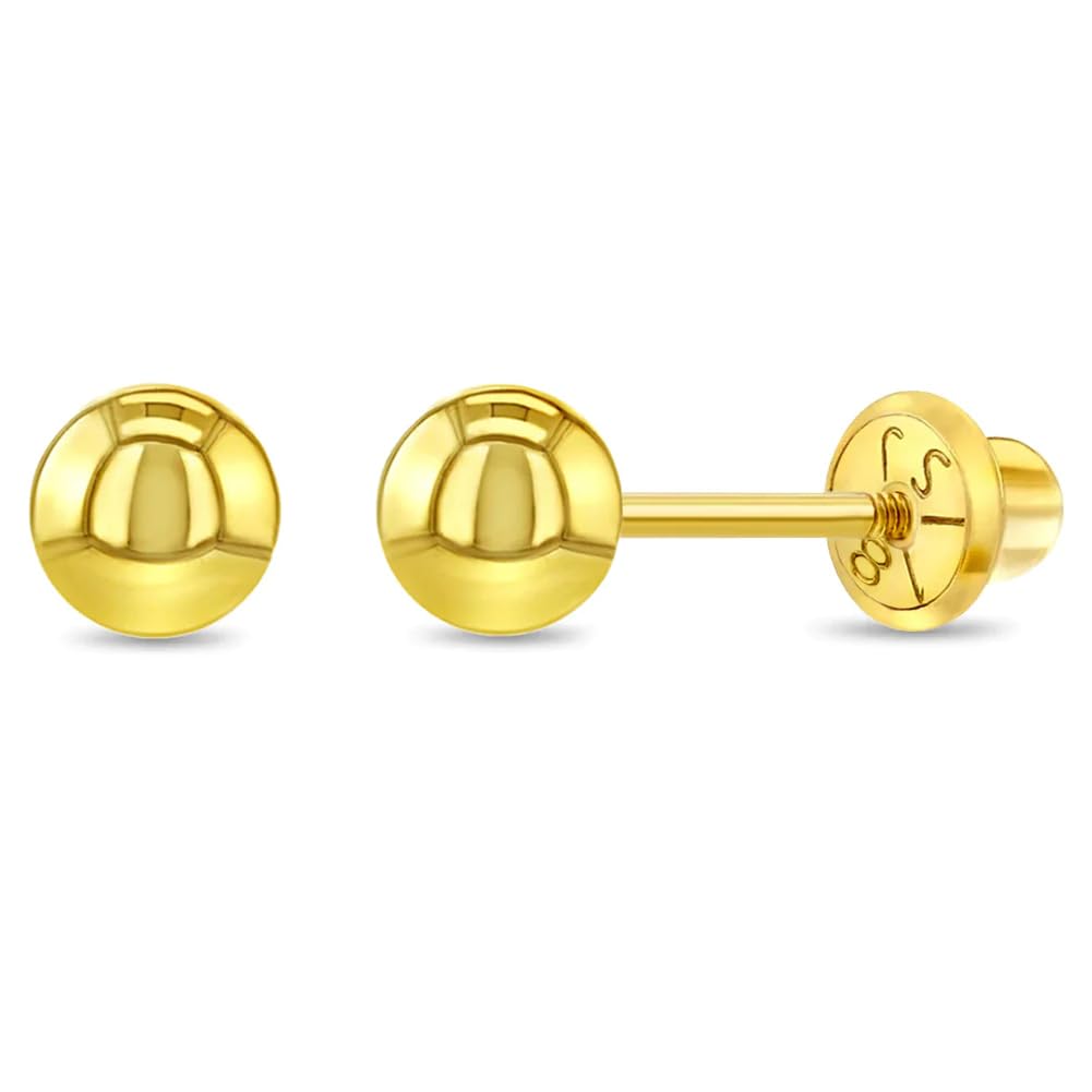 18k Yellow Gold Classic Ball Safety Screw Back Stud Earrings for Babies, Infants, Toddlers, and Little Girls 3mm-5mm - Traditional Plain Ball 18k Gold Stud Earrings for Baby Girls