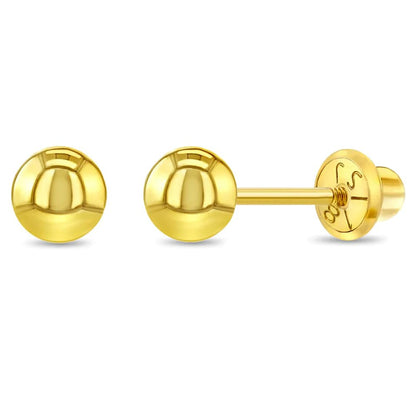 18k Yellow Gold Classic Ball Safety Screw Back Stud Earrings for Babies, Infants, Toddlers, and Little Girls 3mm-5mm - Traditional Plain Ball 18k Gold Stud Earrings for Baby Girls