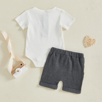 fhutpw Baby Boy Clothes Short Sleeve Romper & Shorts Sets Newborn 3 6 12 Months Summer Knitted Ribbed Splicing Color Outfits