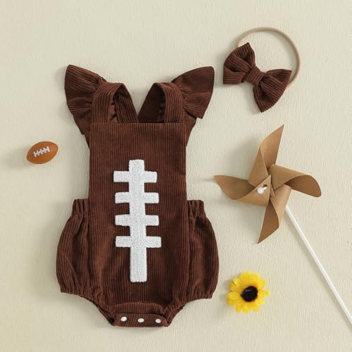 Football Baby Girl Outfit Embroidery Football Romper Ruffle Sleeve Corduroy Bodysuit Overalls Game Day Clothes