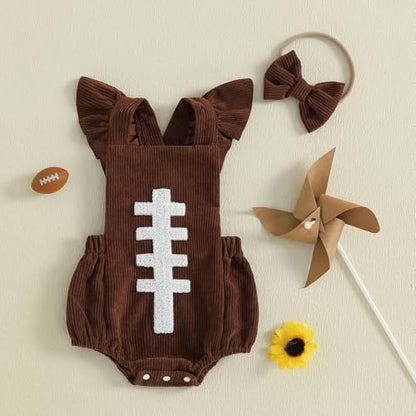 Football Baby Girl Outfit Embroidery Football Romper Ruffle Sleeve Corduroy Bodysuit Overalls Game Day Clothes