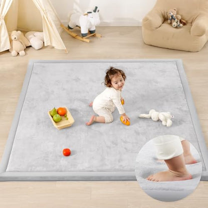 1.3" Thick Baby Play Mat,Ultra Soft Elasti-Foam 50×50 Playpen Mat for Tummy Time,Water-Repellent Coral Fleece Nursery Rug for Infants,Toddlers,Kids,Non-Slip Safe for Crawling(Light Grey)