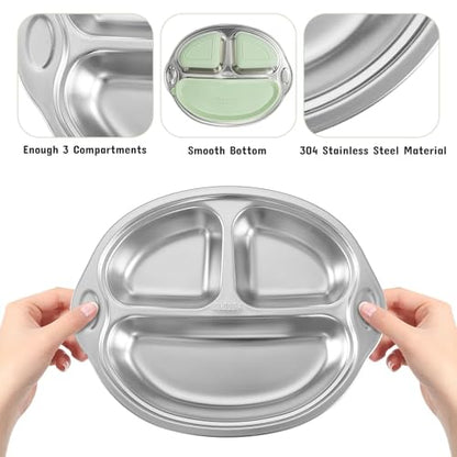 Mrs. Chou® Stainless Steel Baby Suction Plates Divided Designed for Babies and Toddlers, Made of 100% Food-Grade Materials Ideal for Baby-Led Weaning BPA-Free Toddler Feeding Supplies Dishwasher Safe