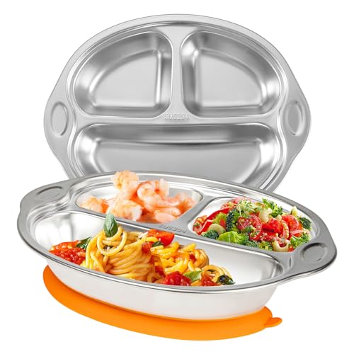 Mrs. Chou® Stainless Steel Baby Suction Plates Divided Designed for Babies and Toddlers, Made of 100% Food-Grade Materials Ideal for Baby-Led Weaning BPA-Free Toddler Feeding Supplies Dishwasher Safe