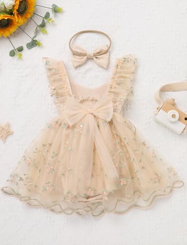 IDOPIP Floral Embroidered Baby Girl Romper Tutu Dress Princess Tulle Jumpsuit Headband Cake Smash 1st Birthday Party Outfit