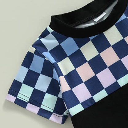 Toddler Baby Boy Summer Clothes Set Short Sleeve Checkered Tops & Shorts Novelty Color Block Outfits