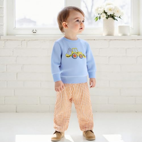 Toddler Baby Boy Fall Winter Outfit Long Sleeve Excavator Embroidery Pullover Plaid Wide Leg Pants Infant Clothes