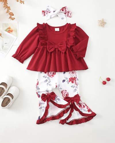 Toddler Baby Girl Clothes Fall/Winter Girls Outfits Ruffle Long Sleeve Tops Floral Flared Pants Girls' Clothing Sets