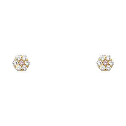 14k Yellow Gold Flower Stud Earrings with Screw Back - 12 Different Color Available