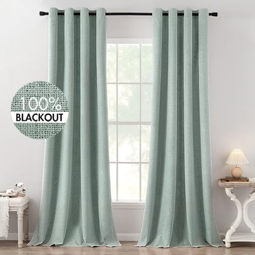MIULEE 100% Blackout Linen Textured Curtains for Bedroom Solid Thermal Insulated Natural Beige Grommet Room Darkening Curtains & Drapes Luxury Decor for Living Room Nursery 52 x 84 Inch (2 Panels)