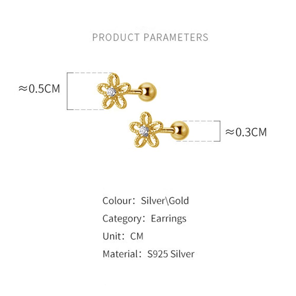 18G Daisy Flower Stud Cartilage Earrings for Women Girls 925 Sterling Silver CZ Tiny Cute Floral 3mm Ball Barbell Screw Back Studs Sleeper Tragus Post Hypoallergenic Piercing Body Jewelry Gifts