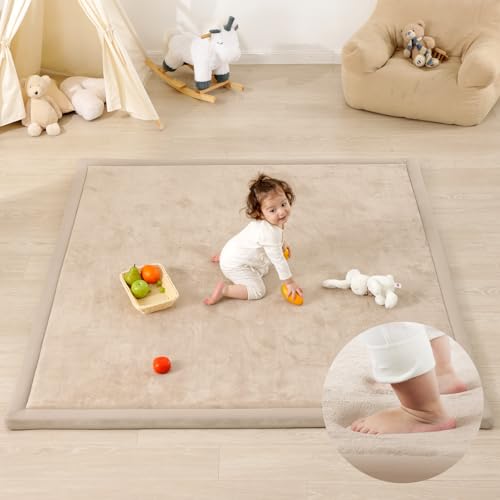 1.3" Thick Baby Play Mat,Ultra Soft Elasti-Foam 50×50 Playpen Mat for Tummy Time,Water-Repellent Coral Fleece Nursery Rug for Infants,Toddlers,Kids,Non-Slip Safe for Crawling(Light Grey)