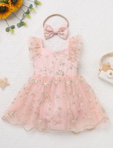 IDOPIP Floral Embroidered Baby Girl Romper Tutu Dress Princess Tulle Jumpsuit Headband Cake Smash 1st Birthday Party Outfit