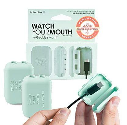 Geddy´s Mom Watch Your Mouth USB Charger Protector Award-Winning Baby Proof Cord Protector| BPA & Phthalate-Free Charger Protector | Electrical Safety Baby Products (3-Pack, White)