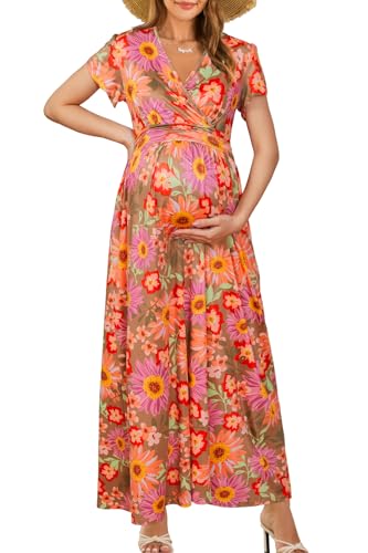 OUGES Maternity Maxi Dress Wrap V Neck Baby Shower Pregnancy Dresses for Photoshoot
