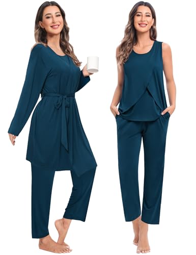 SWOMOG Maternity Nursing Robe Set 3 PCS Postpartum Breastfeeding Pajamas Hospital Pregnancy Pjs Double Layer Lounge Set