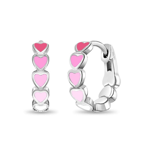 925 Sterling Silver Tiny Heart Enamel Huggie Hoop Earrings - Multicolored Heart Themed Hoops