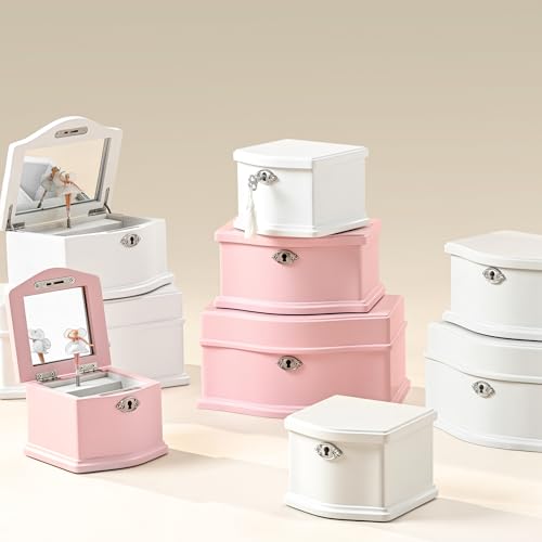 Wooden Musical Jewelry Box for girls with Mirror and Key Lock, Gift for Kids on Birthdays and Holidays (Pink, Small) (Beige, Small)