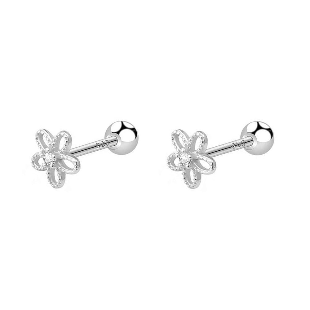 18G Daisy Flower Stud Cartilage Earrings for Women Girls 925 Sterling Silver CZ Tiny Cute Floral 3mm Ball Barbell Screw Back Studs Sleeper Tragus Post Hypoallergenic Piercing Body Jewelry Gifts