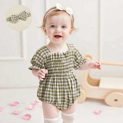 Infant Baby Girls Romper Ruffle Sleeve Pleated Smocked Bubble Plaid One Piece Ruched Jumpsuit Summer Bodysuit