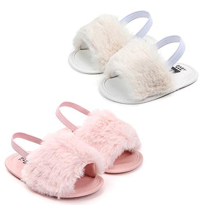 2 Pack Infant Baby Girls Sandals Elastic Back Strap Flats Slippers Soft Toddles Princess Shoes Faux Fur Slides Shoes First Walker House Shoes