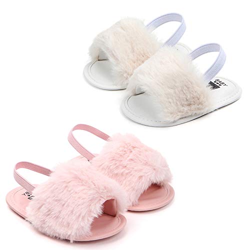 2 Pack Infant Baby Girls Sandals Elastic Back Strap Flats Slippers Soft Toddles Princess Shoes Faux Fur Slides Shoes First Walker House Shoes