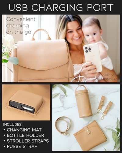 Leather Diaper Bag Backpack with USB Charging port, Changing Pad, Stroller Straps, and Bottle Holder (Brown Olivia)