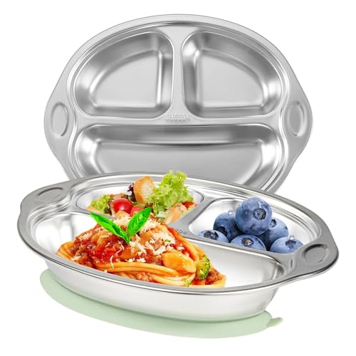 Mrs. Chou® Stainless Steel Baby Suction Plates Divided Designed for Babies and Toddlers, Made of 100% Food-Grade Materials Ideal for Baby-Led Weaning BPA-Free Toddler Feeding Supplies Dishwasher Safe
