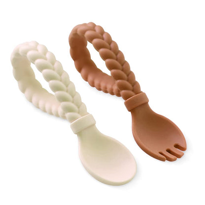 Itzy Ritzy Silicone Spoon & Fork Set; Baby Utensils Featuring a Baby Fork and Spoon with Looped, Braided Handles - Made of 100% Food Grade Silicone & BPA-Free - Ages 6 Months and Up (Pink)