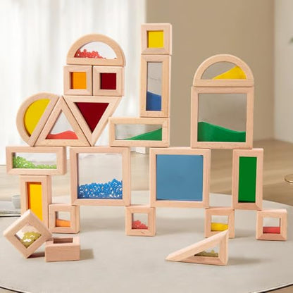 Rainbow Sensory Toys Blocks,15 Large Pcs Wooden Building Blocks for Toddlers Baby Kids,Colorful Geometric Stacking Toys, Preschool Educational Toy Set.